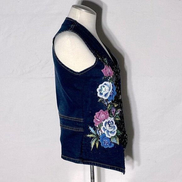Vintage Jazzino Dark Wash Embroidered Beaded Button Up Denim Vest S - Picture 5 of 12